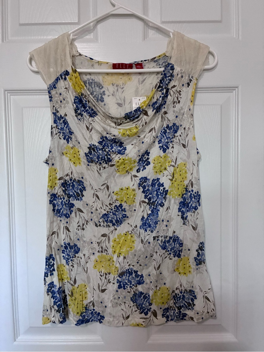 Elle Floral Sleeveless Top Blouse Cowl Neck Lace Ivory Blue Yellow Size M New!